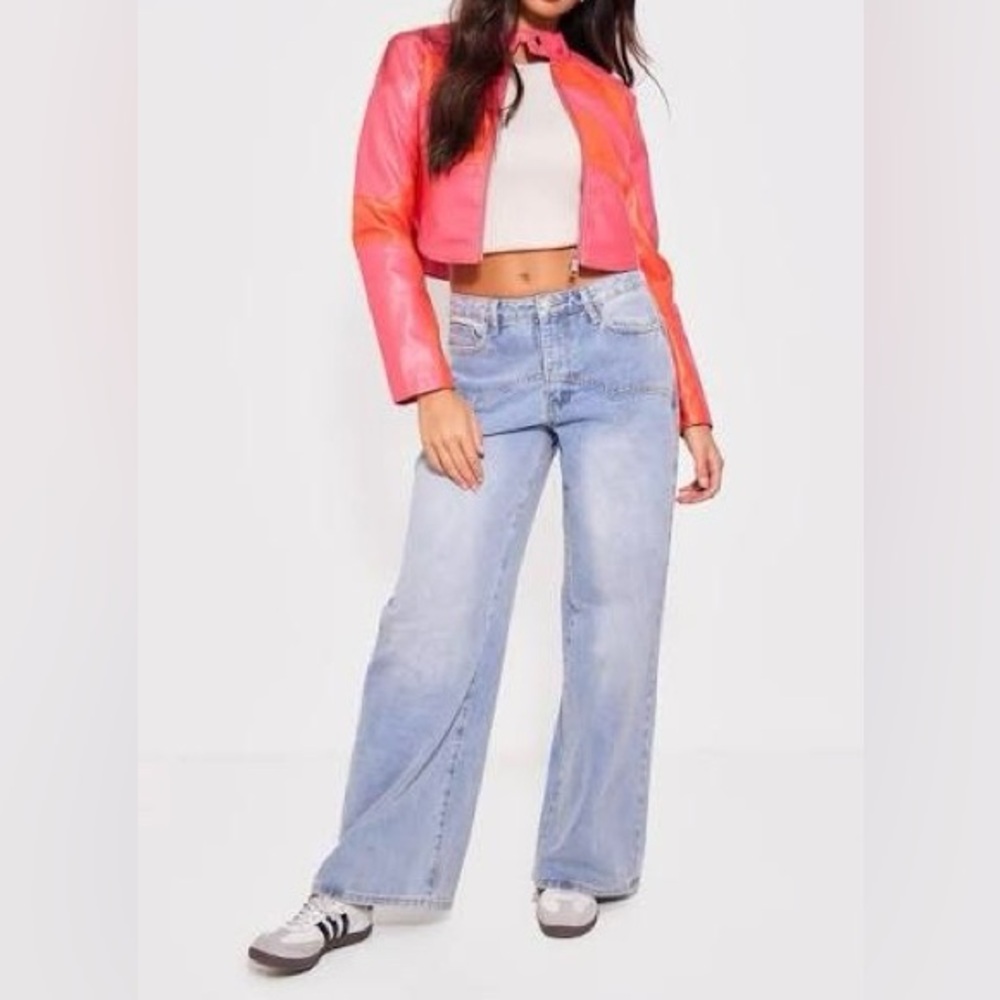 PLT Asymmetrical lines Faux Leather Jacket Pink & Orange Size 8 NWT - Picture 3 of 6